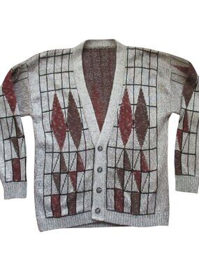True Vintage Cardigan Sweater Large 1990's Ugly Geometric Silver Rayon/Cotton